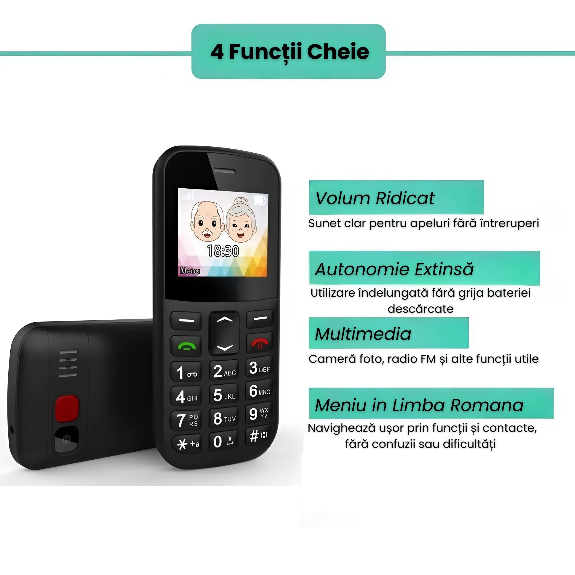 Telefon Mobil Seniori NeoHGS, Apel SOS, Dual SIM, 2G Full Band, Anunturi Vocale, Autonomie Extinsa, Ecran 1.77", Butoane Mari si Fonturi Vizibile, Sunet Puternic, Camera Foto, Radio FM Integrat si Design Compact, Ideal pentru Persoane in Varsta