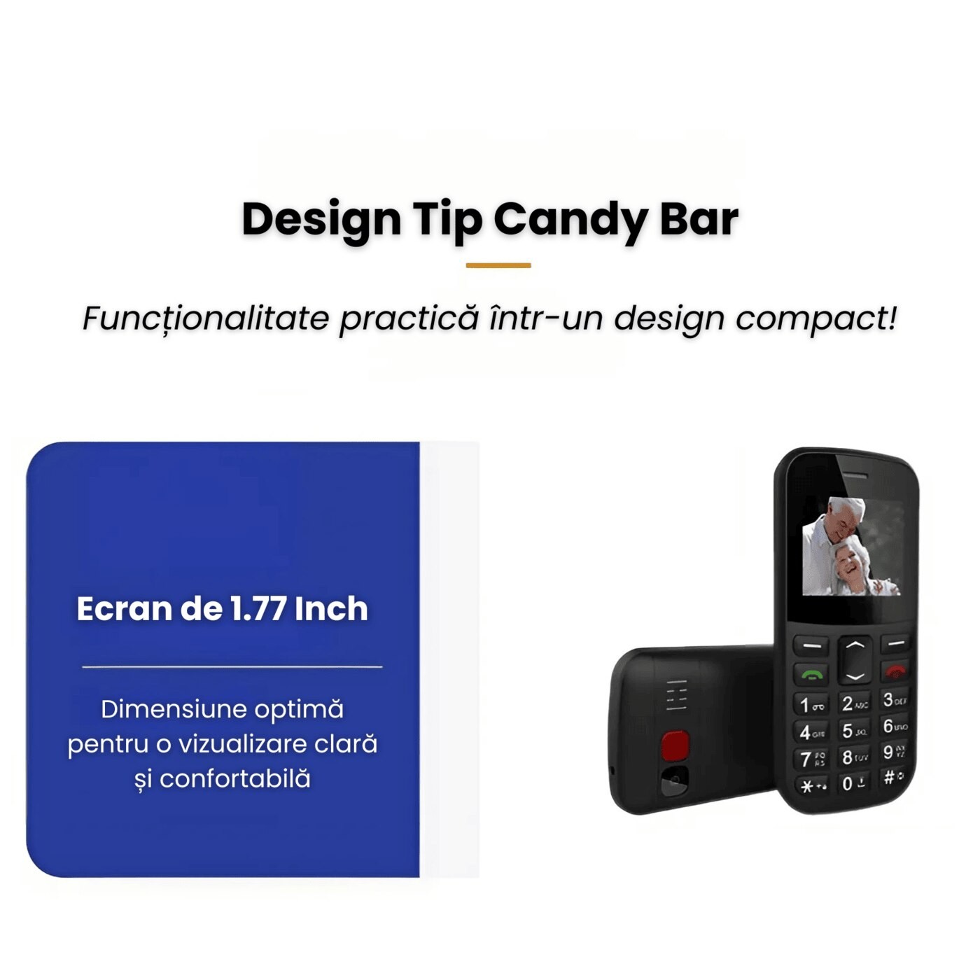 Telefon Mobil Seniori NeoHGS, Apel SOS, Dual SIM, 2G Full Band, Anunturi Vocale, Autonomie Extinsa, Ecran 1.77", Butoane Mari si Fonturi Vizibile, Sunet Puternic, Camera Foto, Radio FM Integrat si Design Compact, Ideal pentru Persoane in Varsta