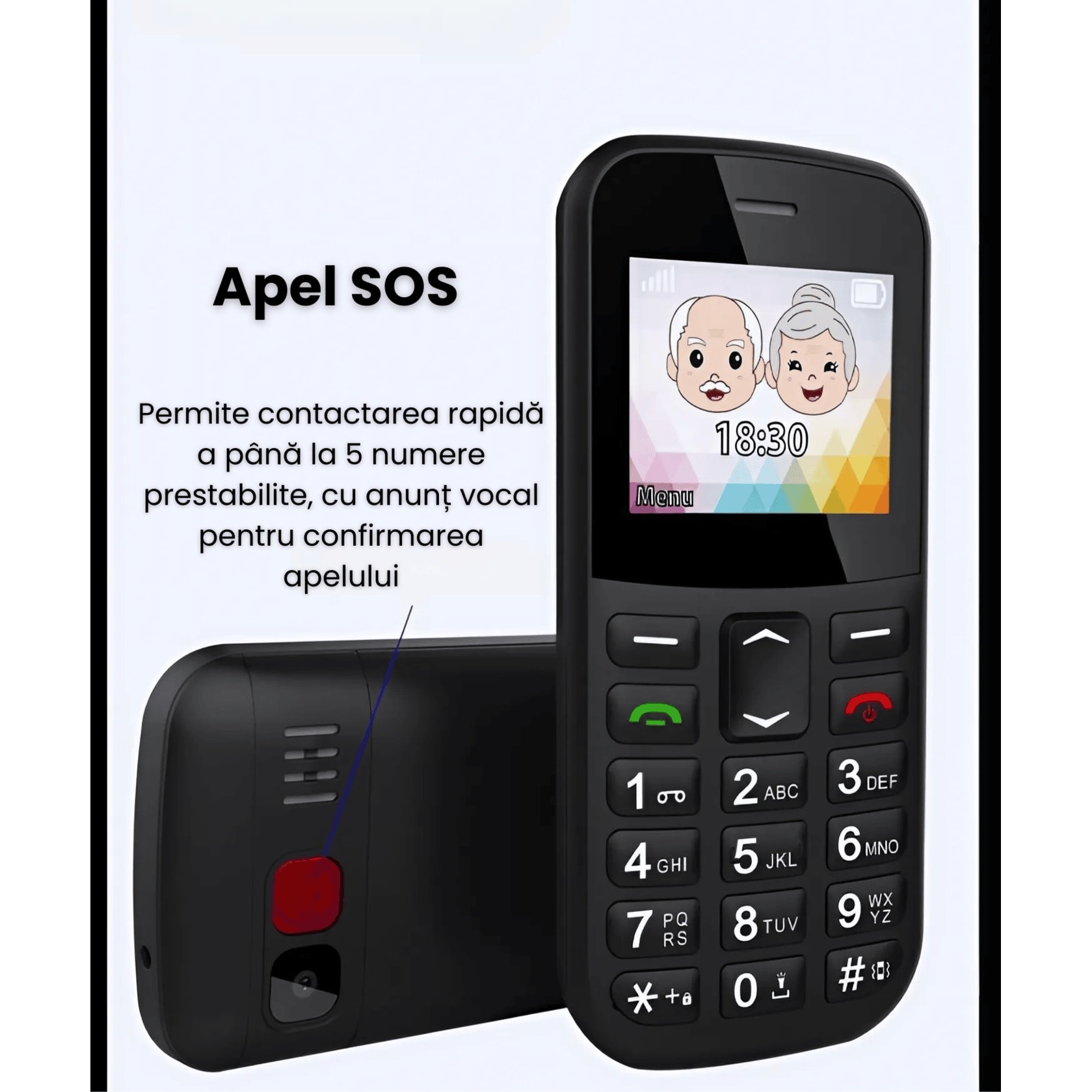 Telefon Mobil Seniori NeoHGS, Apel SOS, Dual SIM, 2G Full Band, Anunturi Vocale, Autonomie Extinsa, Ecran 1.77", Butoane Mari si Fonturi Vizibile, Sunet Puternic, Camera Foto, Radio FM Integrat si Design Compact, Ideal pentru Persoane in Varsta