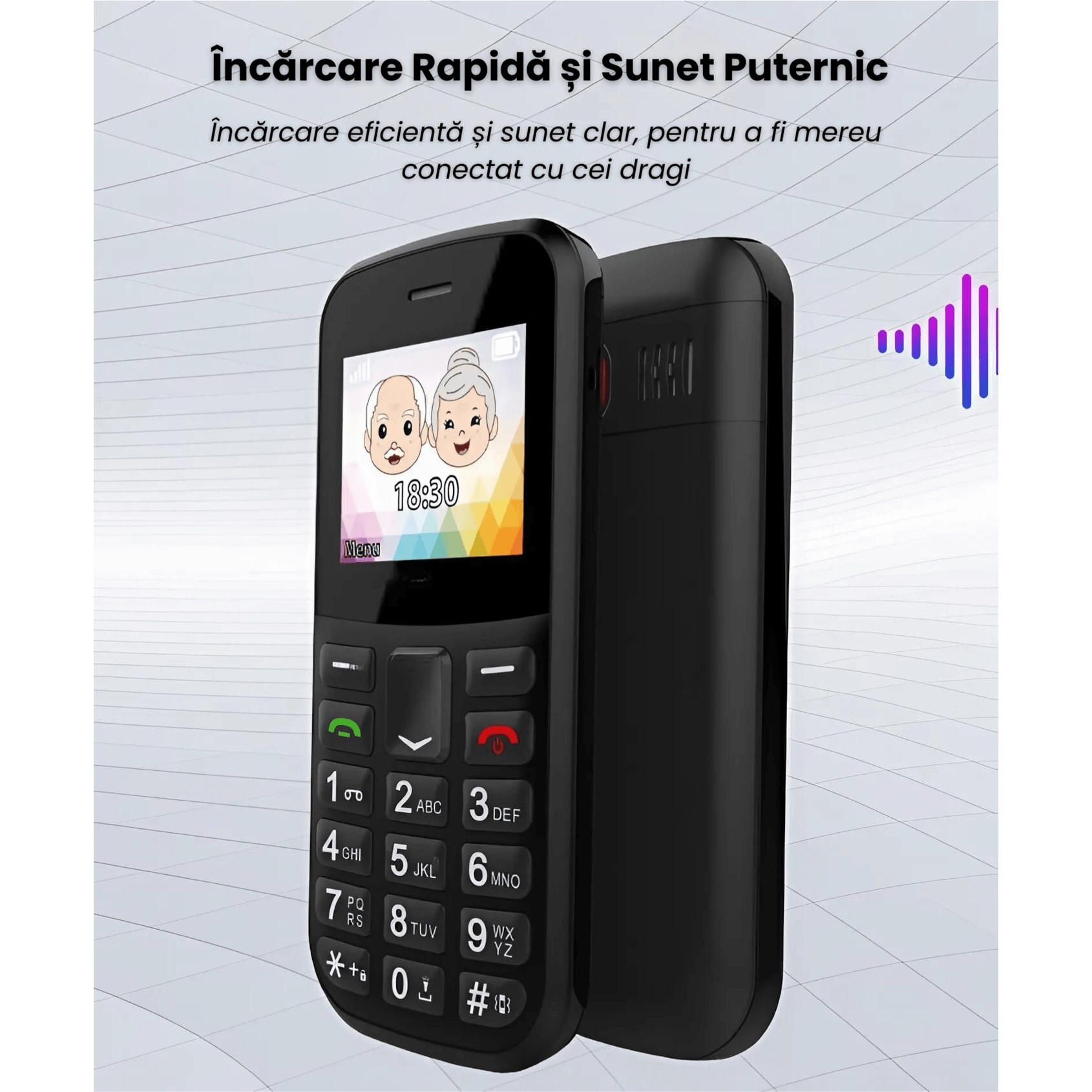 Telefon Mobil Seniori NeoHGS, Apel SOS, Dual SIM, 2G Full Band, Anunturi Vocale, Autonomie Extinsa, Ecran 1.77", Butoane Mari si Fonturi Vizibile, Sunet Puternic, Camera Foto, Radio FM Integrat si Design Compact, Ideal pentru Persoane in Varsta