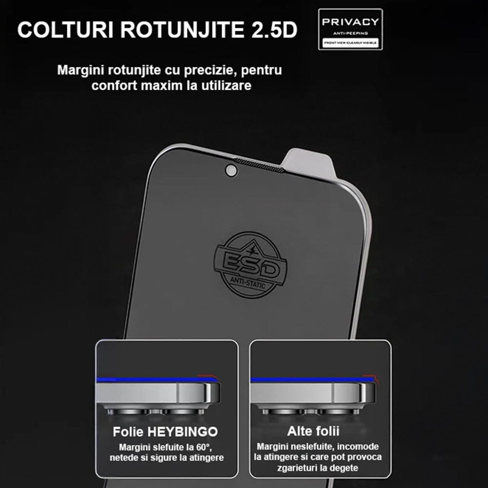 Folie Privacy Pentru Apple iPhone 13 PRO MAX HEYBINGO, 9H din Sticla Securizata, cu Kit Aplicare, Rezistenta la Zgarieturi