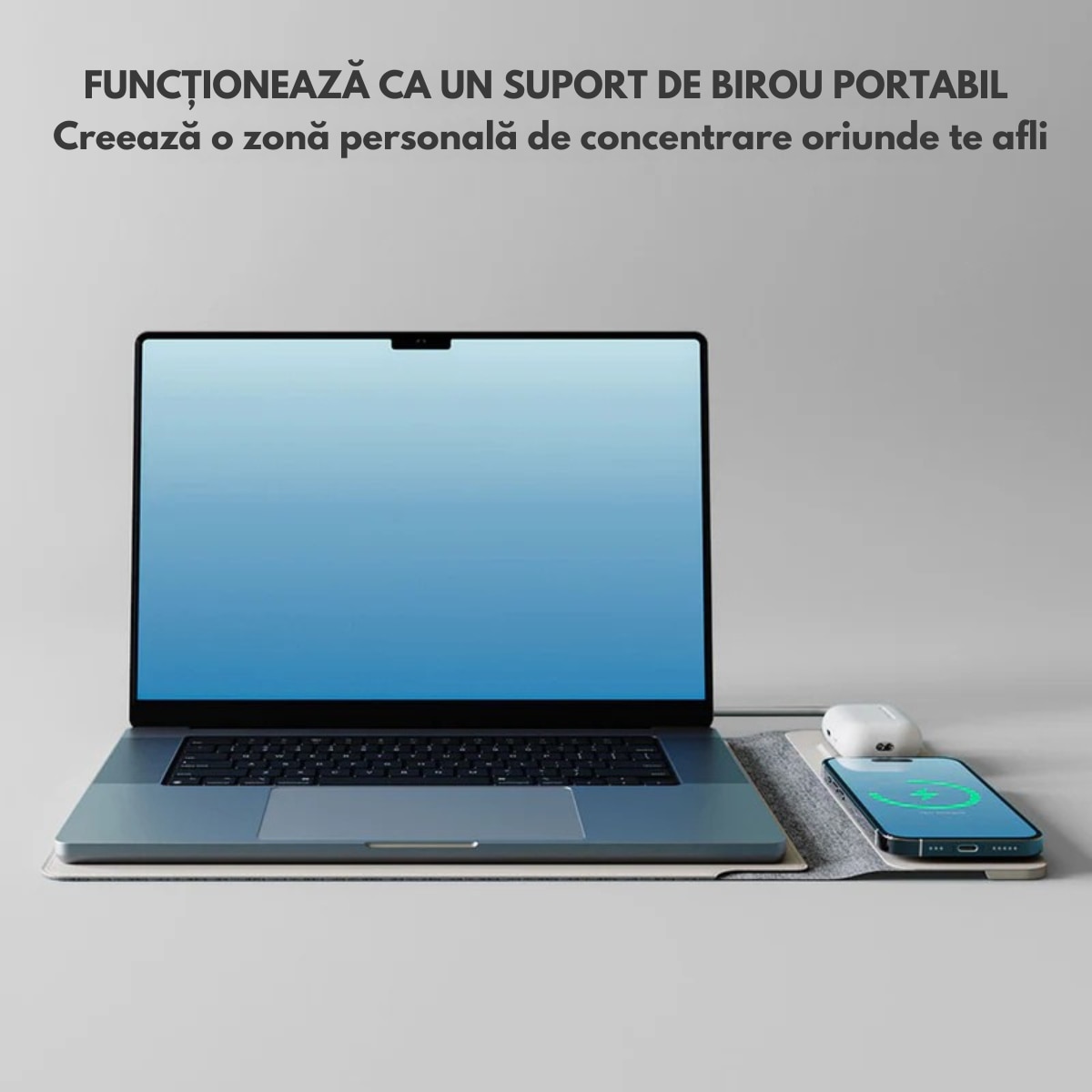 Husa Laptop cu Incarcare dubla Wireless 15W, Protectie 360, Impermeabila, Rezistenta la socuri, 15-16 inch, Suport Pliabil si Design Slim, Piele PU Premium, 4-in-1 cu Suport Mousepad, Compatibila Universal, MacBook Air, MacBook Pro, Tableta, Gri