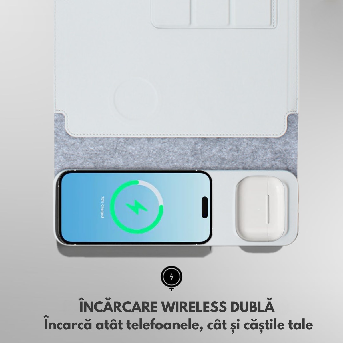 Husa Laptop cu Incarcare dubla Wireless 15W, Protectie 360, Impermeabila, Rezistenta la socuri, 15-16 inch, Suport Pliabil si Design Slim, Piele PU Premium, 4-in-1 cu Suport Mousepad, Compatibila Universal, MacBook Air, MacBook Pro, Tableta, Gri