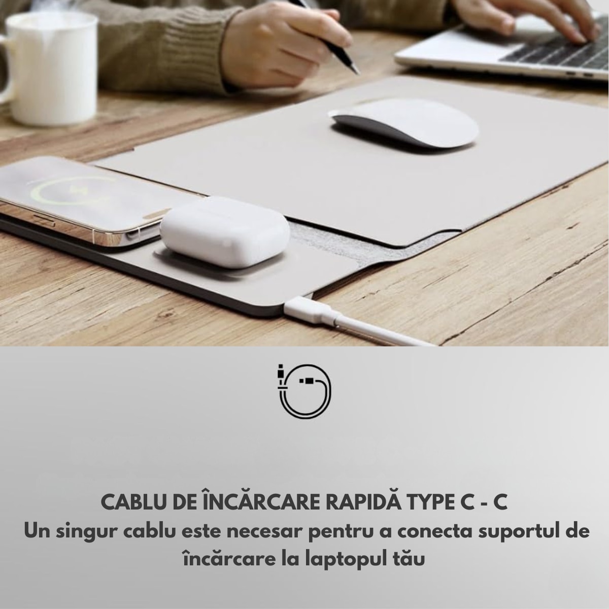 Husa Laptop cu Incarcare dubla Wireless 15W, Protectie 360, Impermeabila, Rezistenta la socuri, 15-16 inch, Suport Pliabil si Design Slim, Piele PU Premium, 4-in-1 cu Suport Mousepad, Compatibila Universal, MacBook Air, MacBook Pro, Tableta, Gri