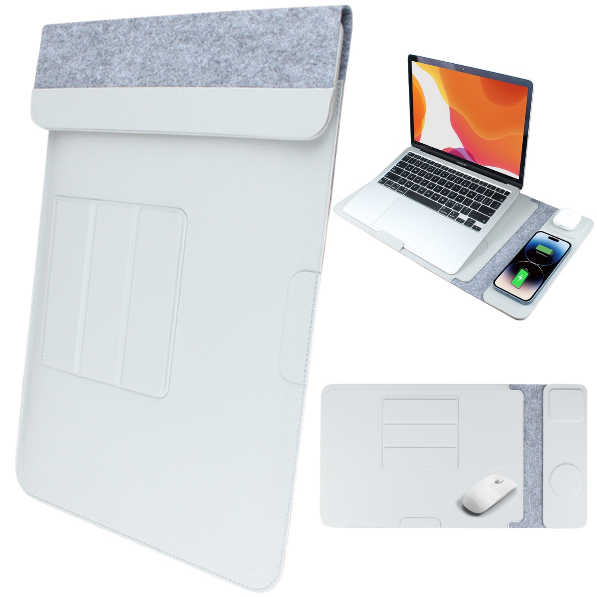 Husa Laptop cu Incarcare dubla Wireless 15W, Protectie 360, Impermeabila, Rezistenta la socuri, 15-16 inch, Suport Pliabil si Design Slim, Piele PU Premium, 4-in-1 cu Suport Mousepad, Compatibila Universal, MacBook Air, MacBook Pro, Tableta, Gri