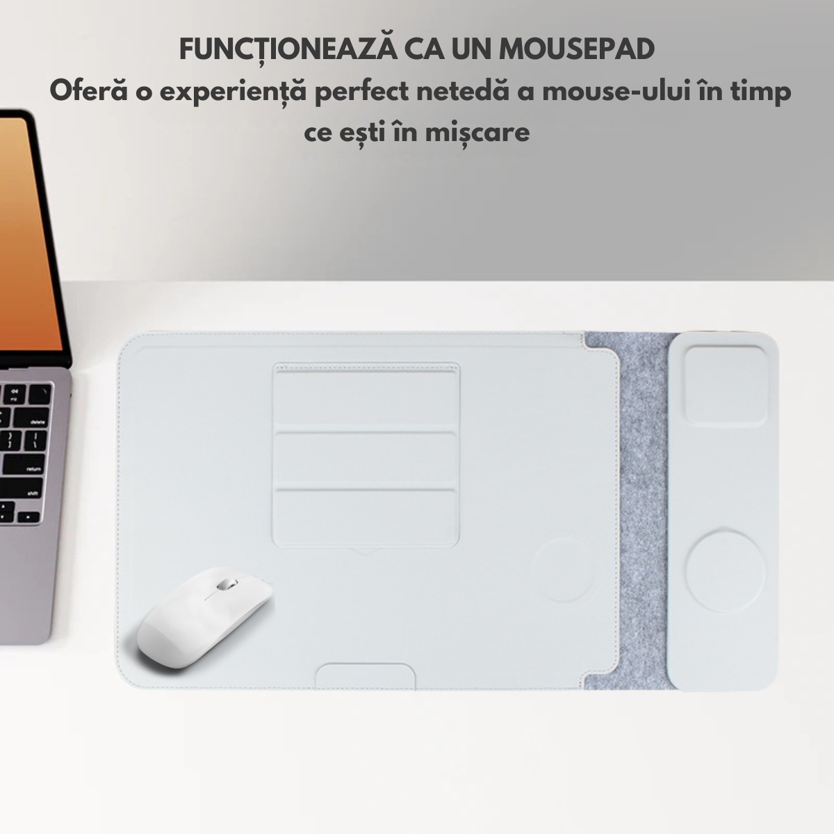 Husa Laptop cu Incarcare dubla Wireless 15W, Protectie 360, Impermeabila, Rezistenta la socuri, 15-16 inch, Suport Pliabil si Design Slim, Piele PU Premium, 4-in-1 cu Suport Mousepad, Compatibila Universal, MacBook Air, MacBook Pro, Tableta, Gri