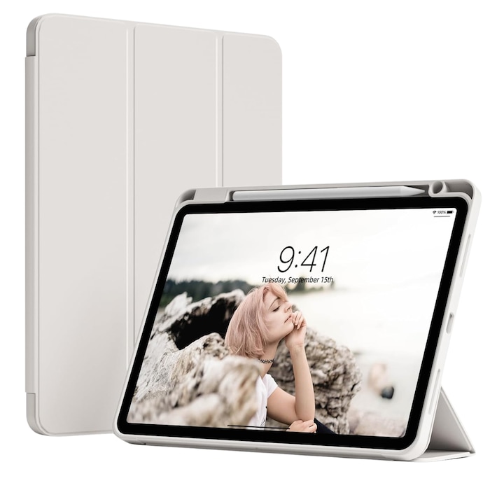 Husa pentru iPad Air 11 (2024) / Air 11 (2025) Comari® EliteCover, protectie completa, functie stand trifold, suport stylus integrat, design elegant tip carte, Gri