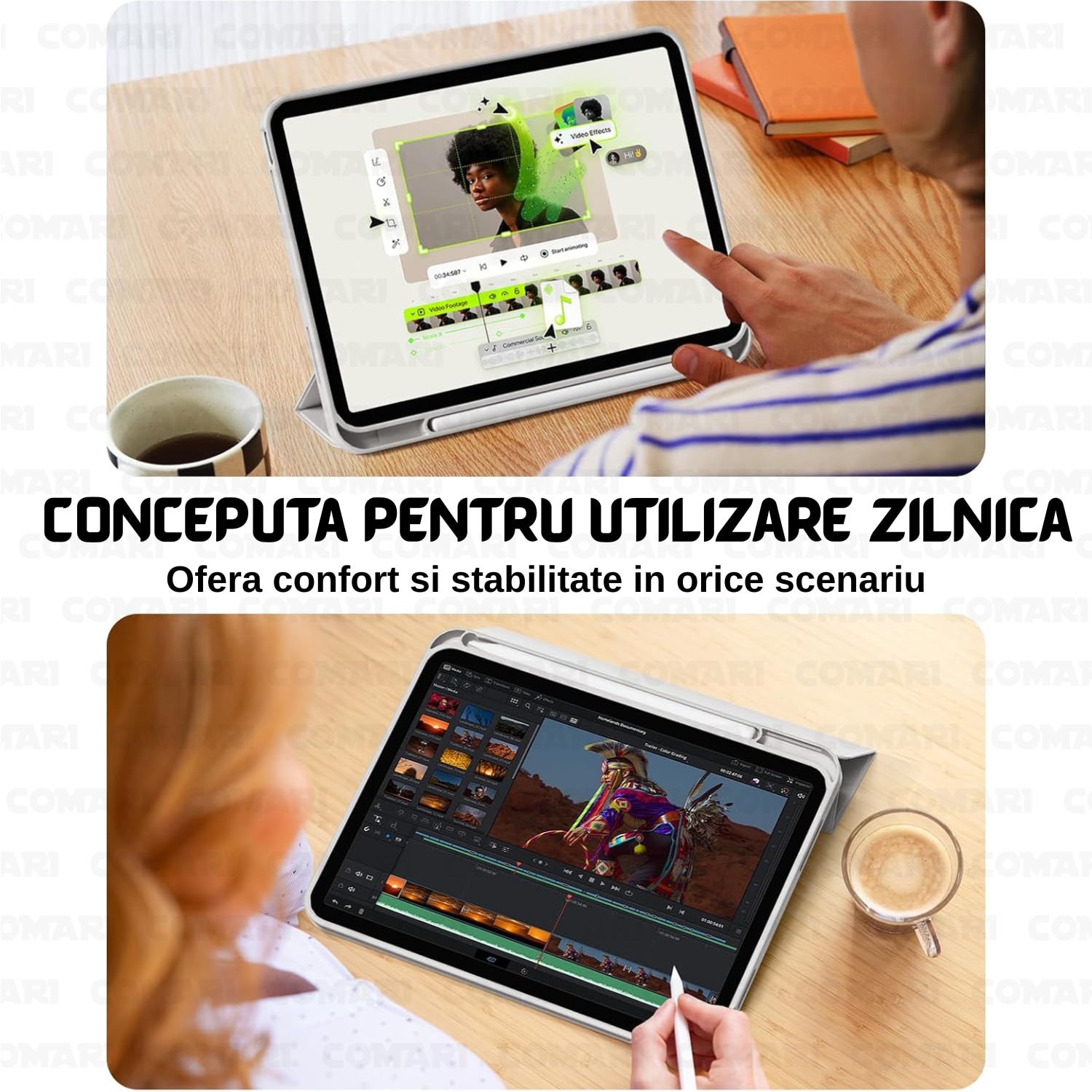 Husa pentru iPad Air 11 (2024) / Air 11 (2025) Comari® EliteCover, protectie completa, functie stand trifold, suport stylus integrat, design elegant tip carte, Gri