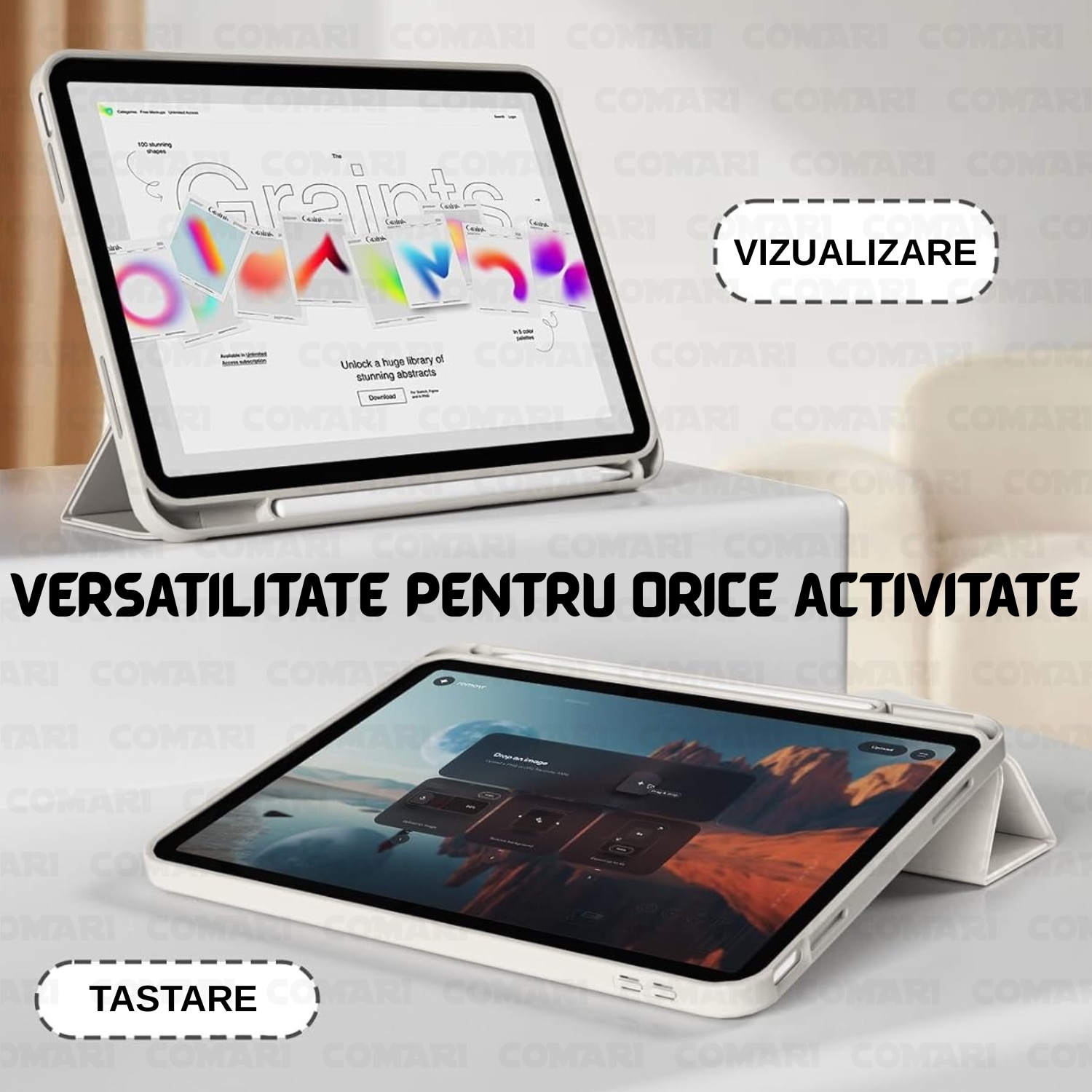 Husa pentru iPad Air 11 (2024) / Air 11 (2025) Comari® EliteCover, protectie completa, functie stand trifold, suport stylus integrat, design elegant tip carte, Gri