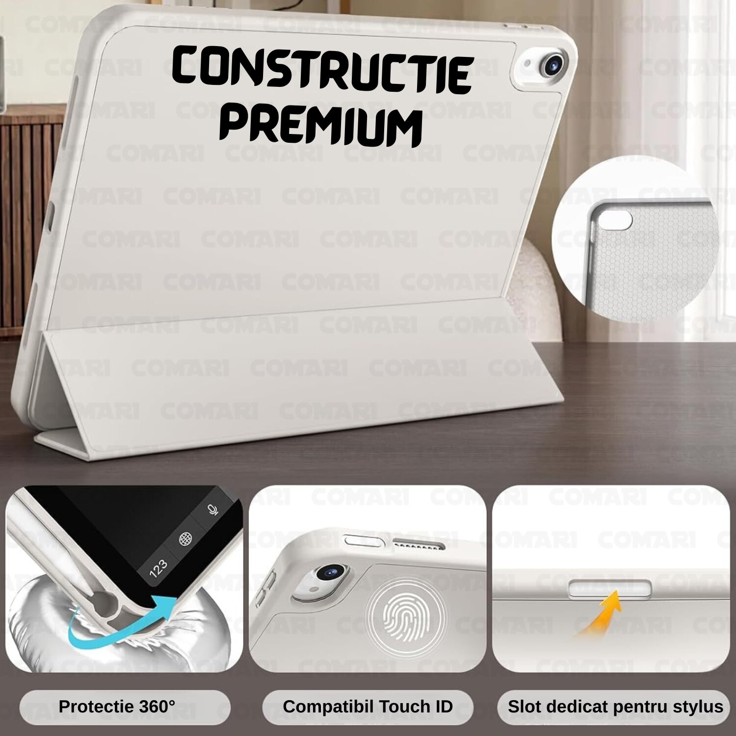 Husa pentru iPad Air 11 (2024) / Air 11 (2025) Comari® EliteCover, protectie completa, functie stand trifold, suport stylus integrat, design elegant tip carte, Gri
