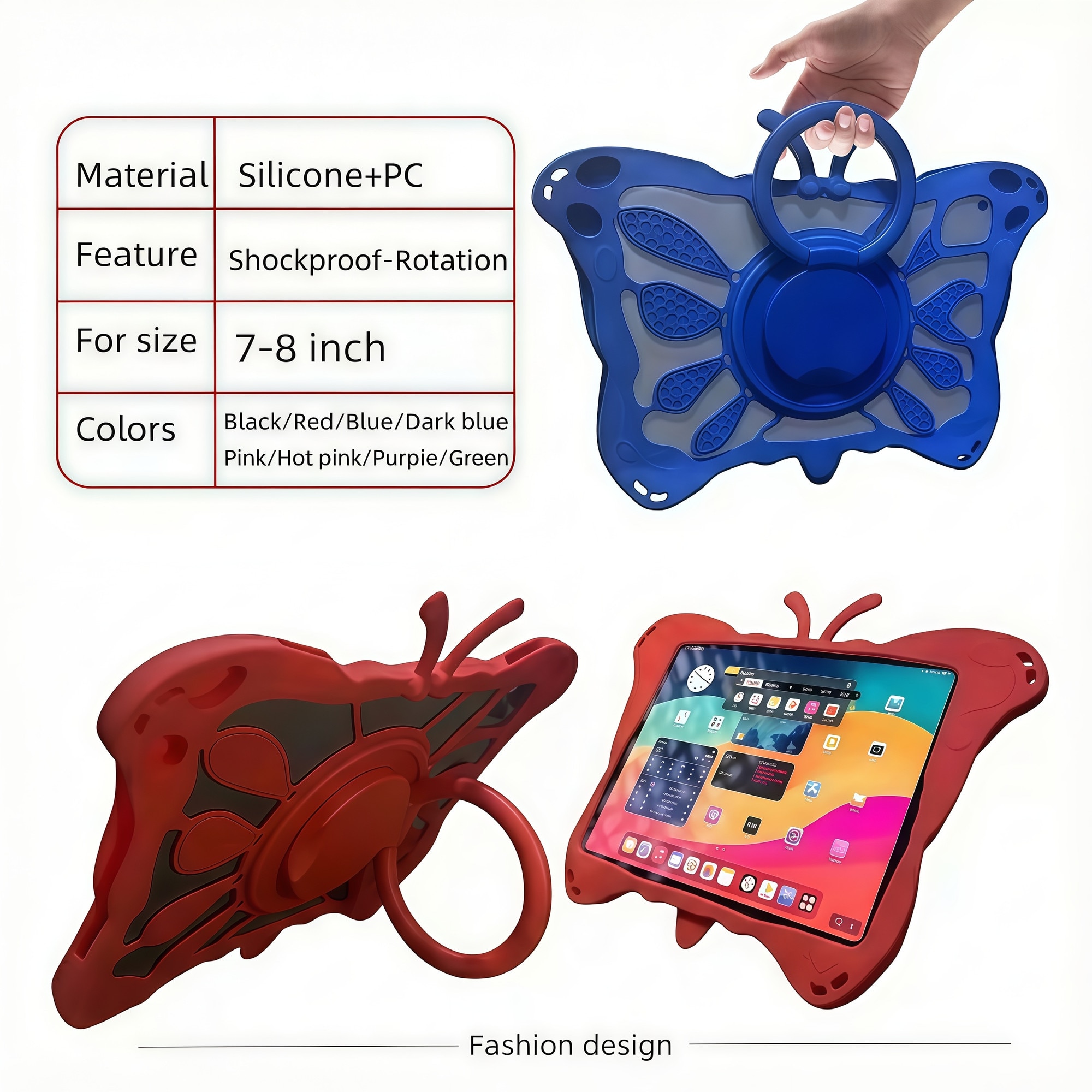 Husa Tableta Universala Copii 7 - 8 inch, Model Fluture 3D, Compatibila cu Allview Viva / Vonino Pluri / Lenovo Tab M8, Silicon Antisoc, Suport Rotativ 360, Maner si Dissipare Caldura, Roz