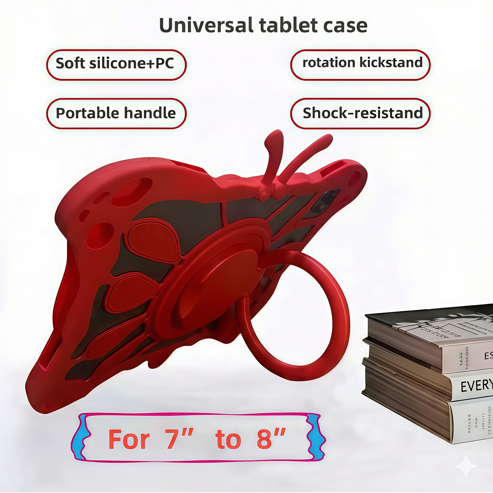 Husa Tableta Universala Copii 7 - 8 inch, Model Fluture 3D, Compatibila cu Allview Viva / Vonino Pluri / Lenovo Tab M8, Silicon Antisoc, Suport Rotativ 360, Maner si Dissipare Caldura, Roz
