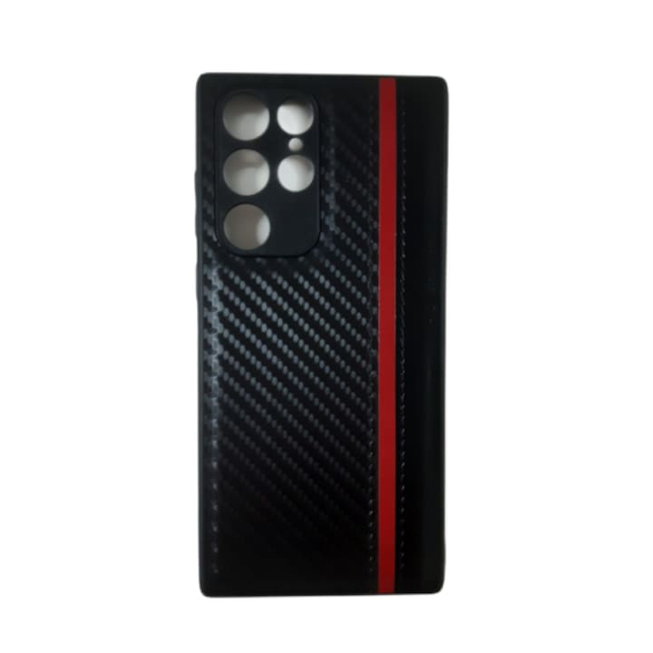 Husa de protectie pentru spate din carbon compatibila cu Samsung Galaxy S22 Ultra, semi-flexibila, Negru-rosu, ATX-BBL4494