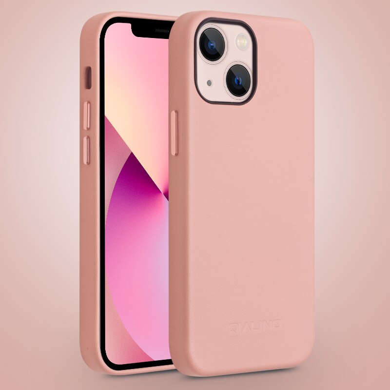 Husa slim pentru iPhone 13, compatibil MagSafe din piele naturala de vitel, tip back cover, Qialino, Pink