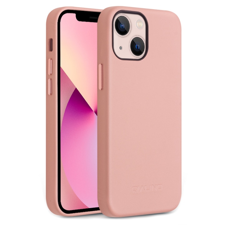 Husa slim pentru iPhone 13, compatibil MagSafe din piele naturala de vitel, tip back cover, Qialino, Pink