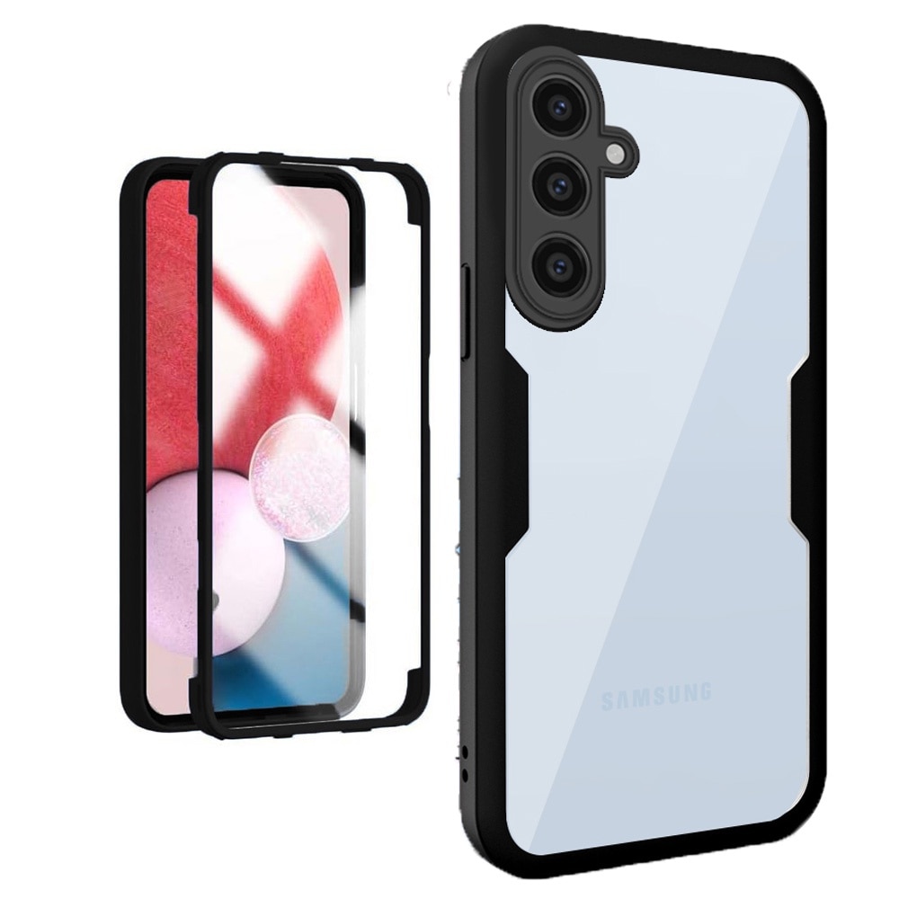 Husa 360 grade compatibila cu Samsung Galaxy A25 5G, Cu protector de ecran inclus, Rezistenta la socuri, Anti-ingalbenire, Anti-zgarieturi, Durabila, Margini inaltate de 3mm, Negru/Transparent