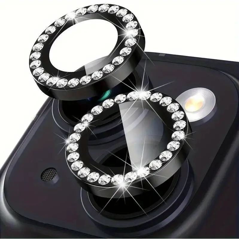 Folie camera cu Strasuri, Individuala, Compatibila cu iPhone 13/13 Mini, Sticla, Negru