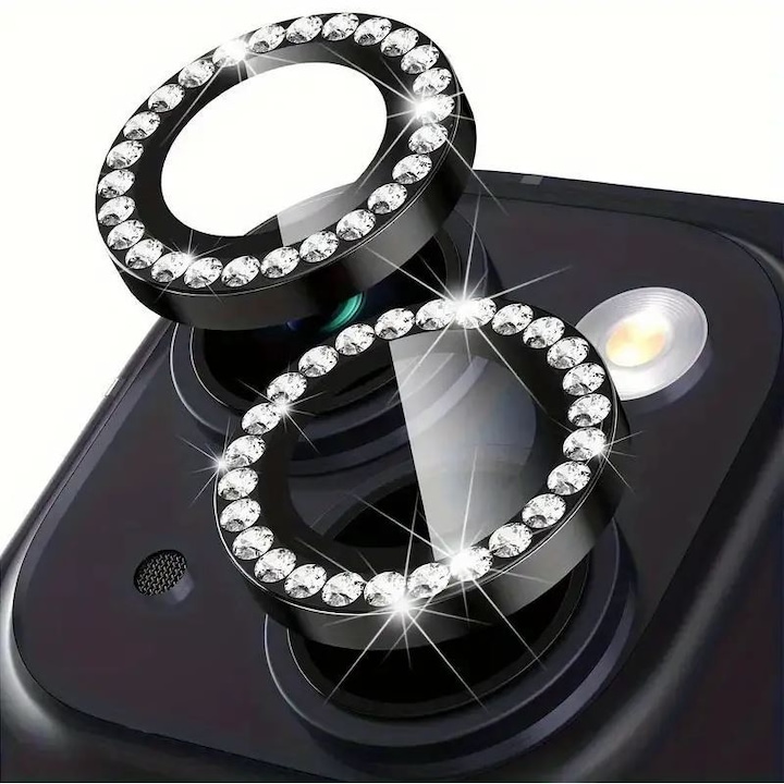 Folie camera cu Strasuri, Individuala, Compatibila cu iPhone 13/13 Mini, Sticla, Negru