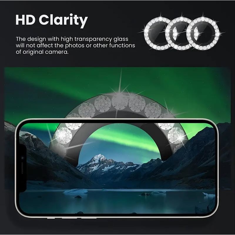 Folie camera cu Strasuri, Individuala, Compatibila cu iPhone 13/13 Mini, Sticla, Negru