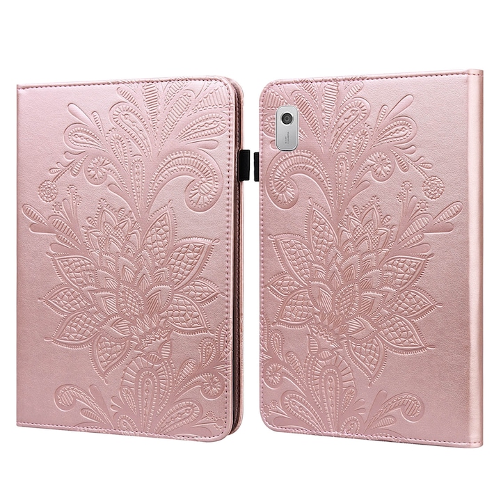 Husa tableta pentru Lenovo Tab M9, piele cu model floral embosat, tip carte, suport, inchidere magnetica, aurie