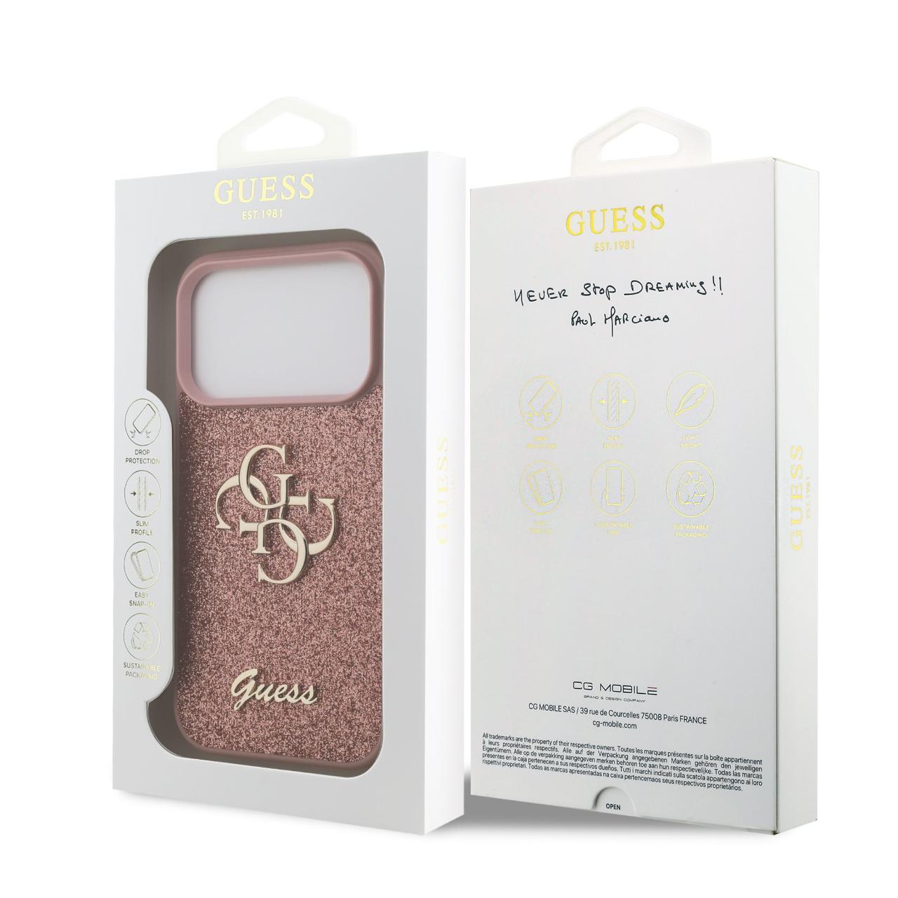 Husa Guess Fixed Glitter 4G Metal Logo compatibila cu iPhone 17 Pro Roz