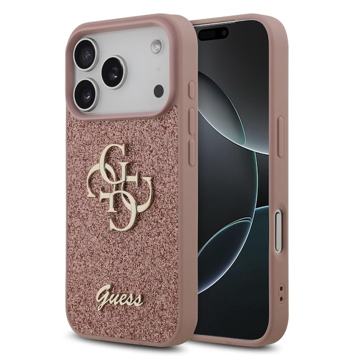 Husa Guess Fixed Glitter 4G Metal Logo compatibila cu iPhone 17 Pro Roz