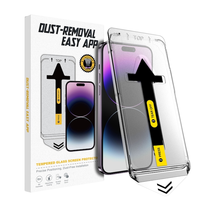 Folie sticla privacy pentru iPhone 13/13 Pro/14, 6.1", cu dispozitiv de instalare rapida si usoara, duritate 9H, precizie 1:1, sticla securizata, protectie telefon