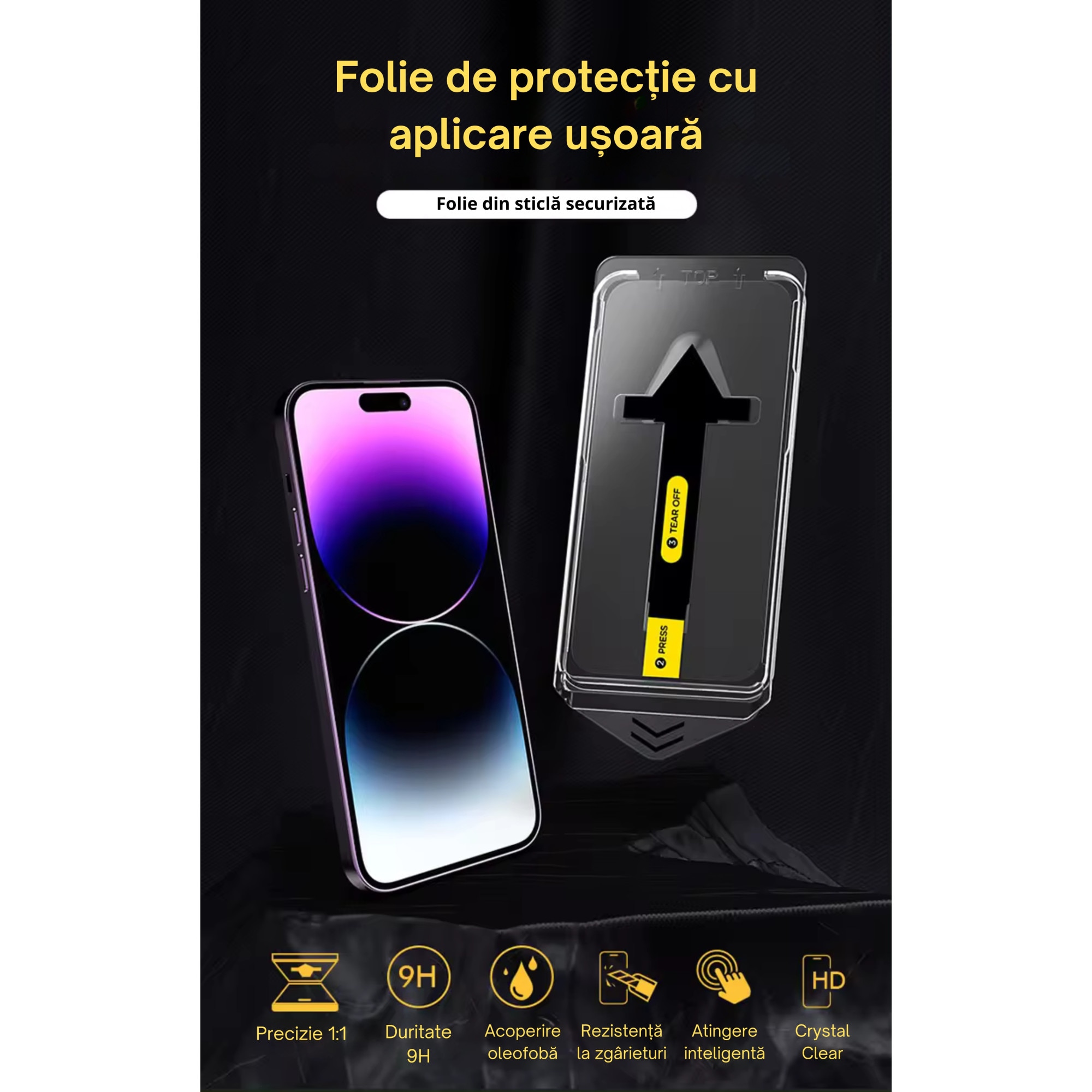 Folie sticla privacy pentru iPhone 13/13 Pro/14, 6.1", cu dispozitiv de instalare rapida si usoara, duritate 9H, precizie 1:1, sticla securizata, protectie telefon