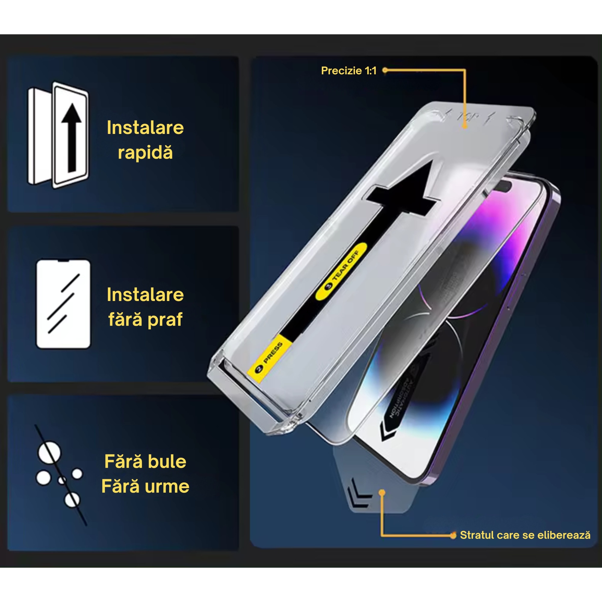 Folie sticla privacy pentru iPhone 13/13 Pro/14, 6.1", cu dispozitiv de instalare rapida si usoara, duritate 9H, precizie 1:1, sticla securizata, protectie telefon