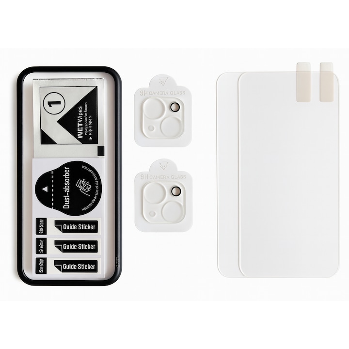 Set complet 2 folii protectie iPhone 13 sticla securizata 0.33mm 2.5D + 2 protectii camera, 9H, Ultra Clear, anti-bule