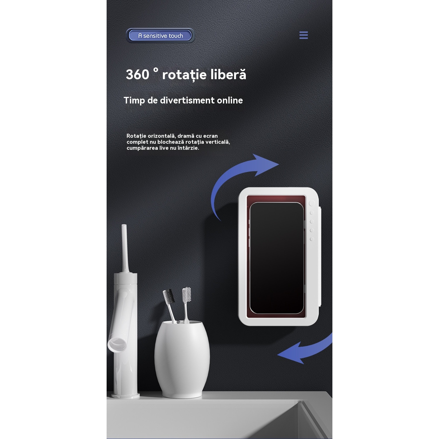 Suport telefon mobil pentru dus, rotativ la 360°, rezistent la apa, pentru telefoane sub 7 inch- Alb