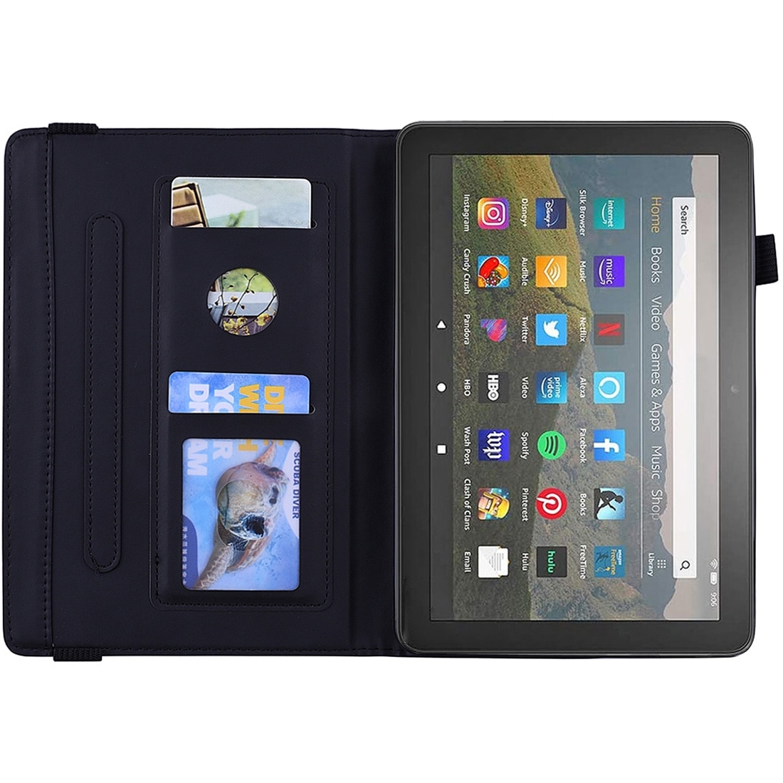 Husa tableta pentru Amazon Fire HD 8 (2020), textura de caprarie gravata, tip carte cu suport si sloturi pentru carduri si cadru foto (negru)