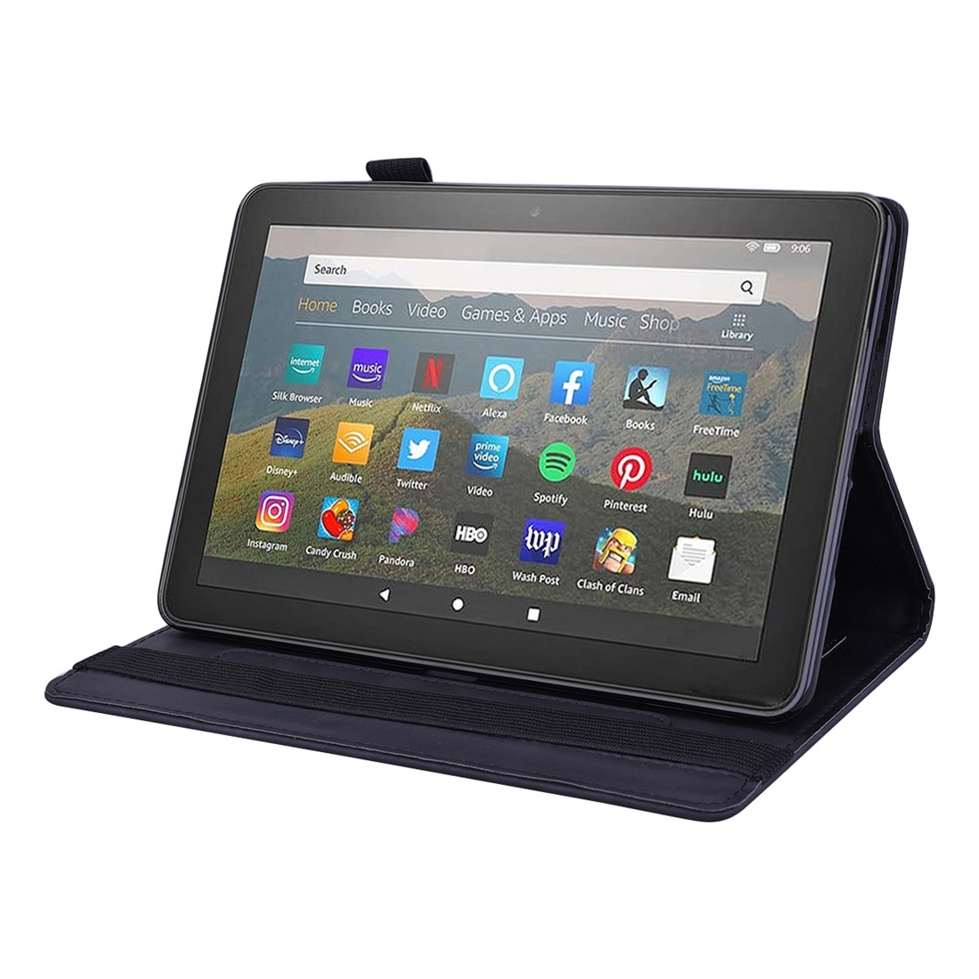 Husa tableta pentru Amazon Fire HD 8 (2020), textura de caprarie gravata, tip carte cu suport si sloturi pentru carduri si cadru foto (negru)