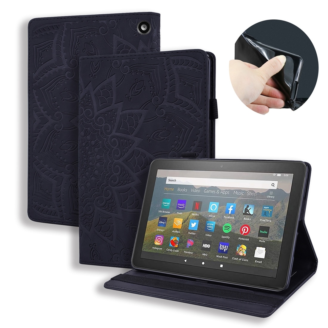 Husa tableta pentru Amazon Fire HD 8 (2020), textura de caprarie gravata, tip carte cu suport si sloturi pentru carduri si cadru foto (negru)