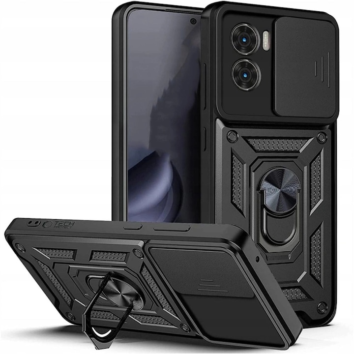 Husa telefon Tech-Protect CamShield Pro, negru mat, cu slider, ring rotativ 360°, TPU/policarbonat