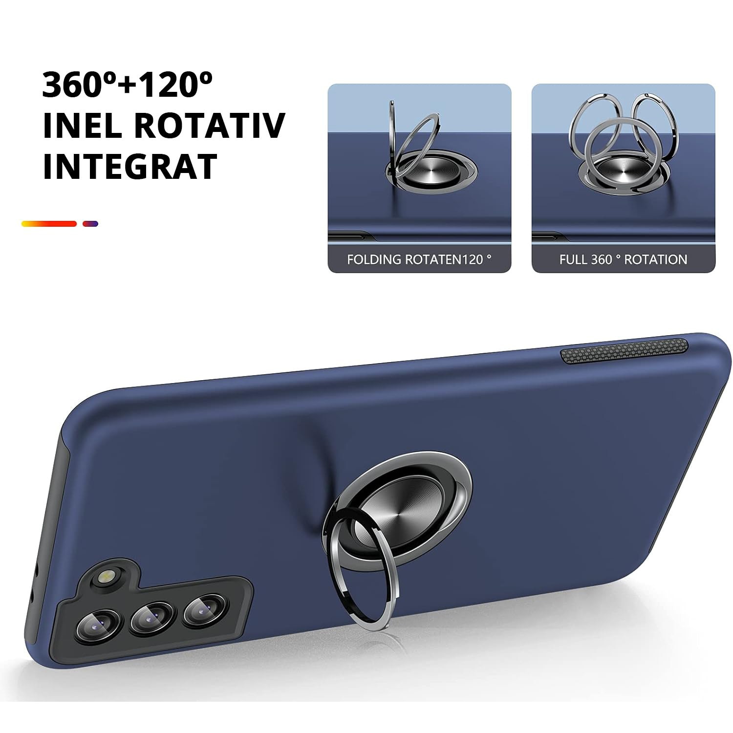 Husa pentru Samsung Galaxy S21, inel rotativ si Kickstand 360°, Protectie Militara Antisoc, cu disipare termica, Blue