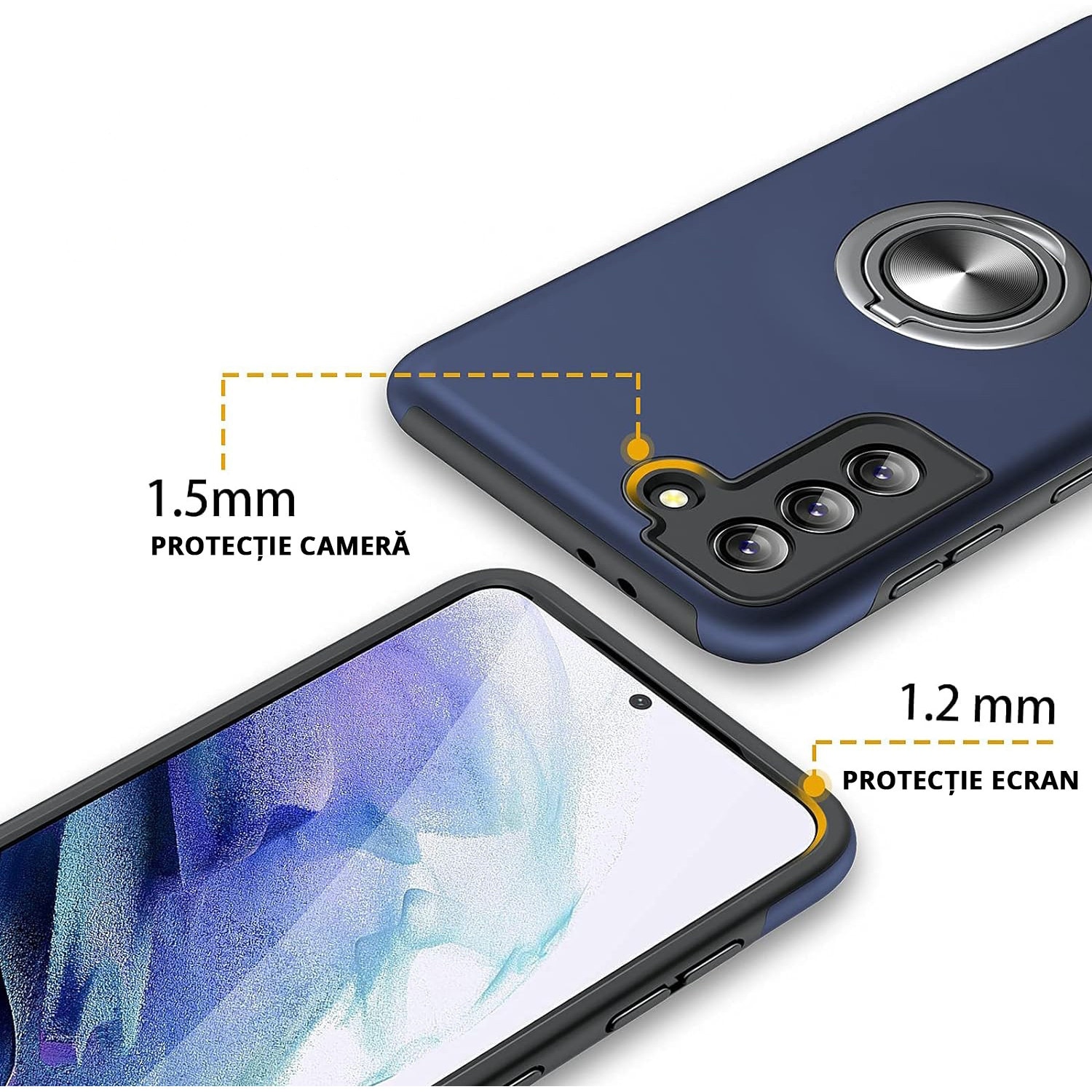 Husa pentru Samsung Galaxy S21, inel rotativ si Kickstand 360°, Protectie Militara Antisoc, cu disipare termica, Blue