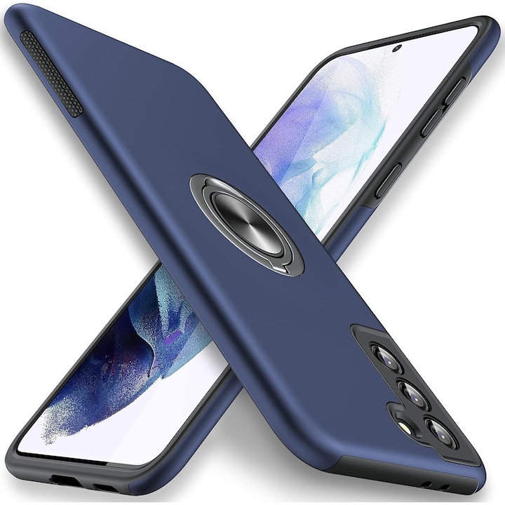 Husa pentru Samsung Galaxy S21, inel rotativ si Kickstand 360°, Protectie Militara Antisoc, cu disipare termica, Blue