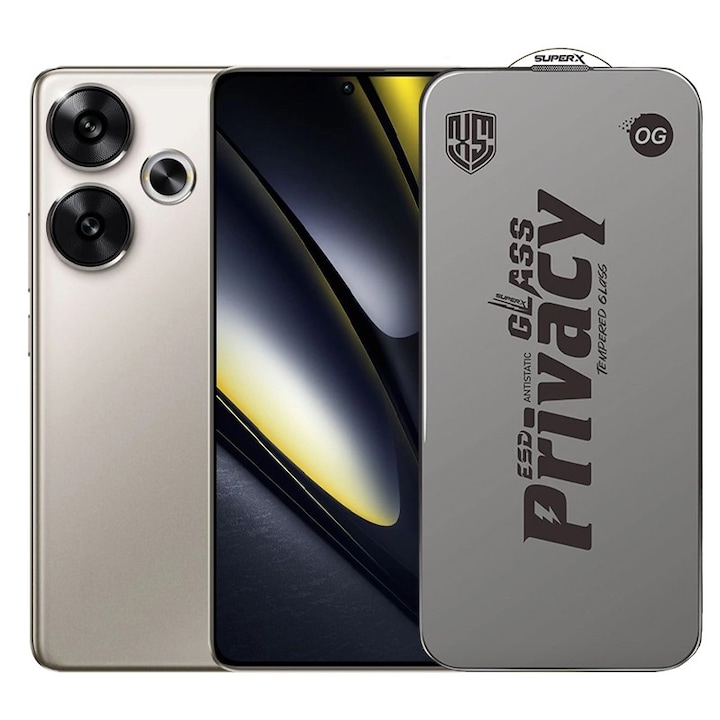 Folie de Protectie pentru Xiaomi Poco F6, Cyrax, Sticla Securizata ESD Antistatica, Super-X Privacy OG, Margini Negre, 0.30 mm, Transparent Inchis