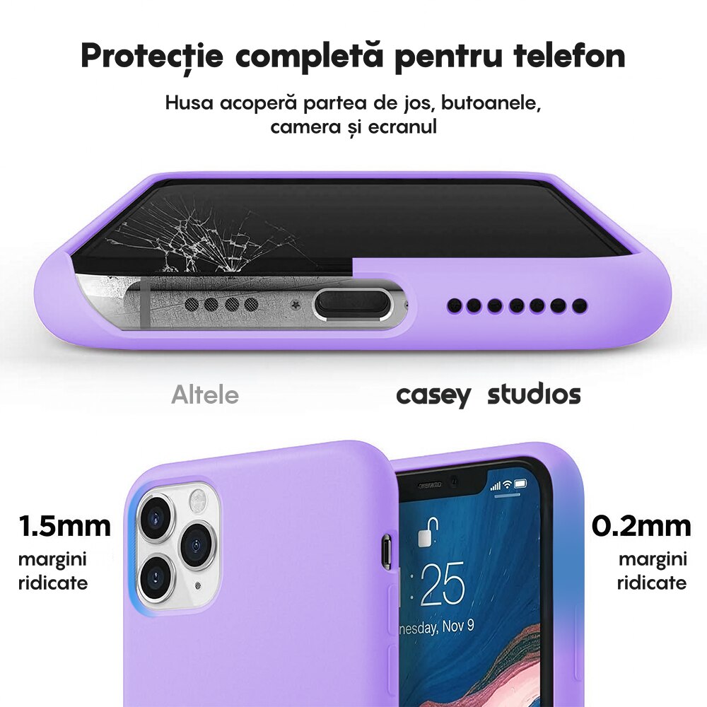 Husa CASEY STUDIOS™ compatibila cu iPhone 11 Pro Max, Soft Silicone Premium, Microfibra in Interior, Light Lilac, de Protectie, Ultra Slim, pentru Incarcare Wireless, Margini Ridicate de Protectia Ecranului si a Camerelor