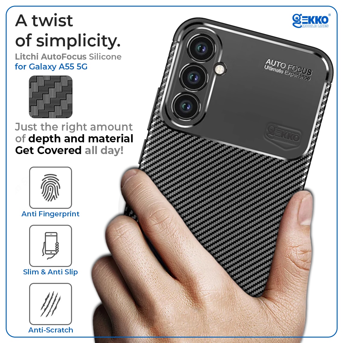 Husa pentru Samsung Galaxy A55, Silicon antisoc, Carbon Fiber AutoFocus, cu decupaje camere, Neagra