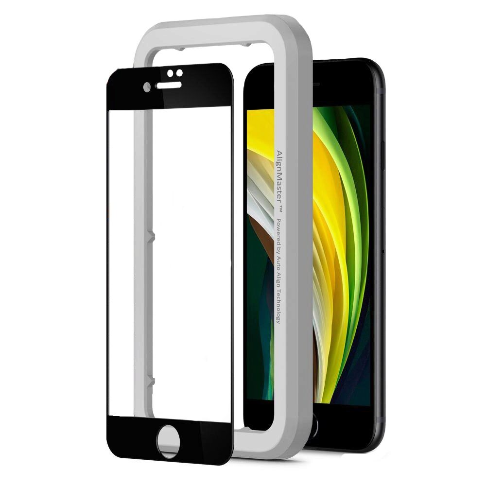 Folie ecran Spigen AlignMaster Glas.tR Full Cover, pentru iPhone SE 2 / iPhone SE 3 / iPhone 7 / iPhone 8, 9H, Case Friendly, Negru