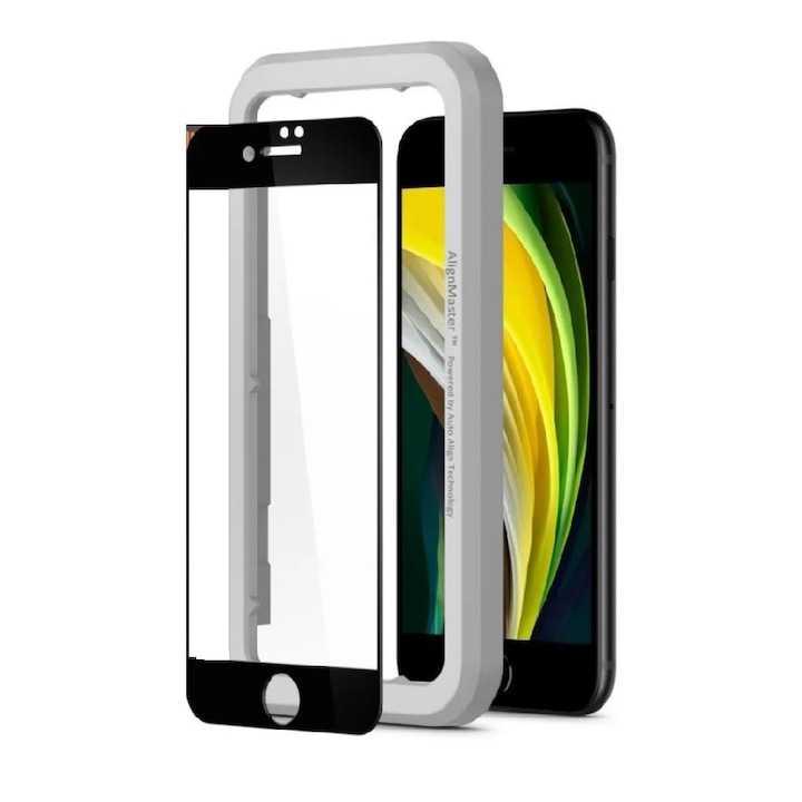 Folie ecran Spigen AlignMaster Glas.tR Full Cover, pentru iPhone SE 2 / iPhone SE 3 / iPhone 7 / iPhone 8, 9H, Case Friendly, Negru