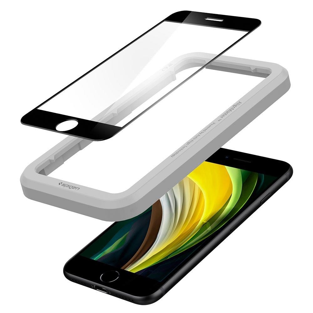 Folie ecran Spigen AlignMaster Glas.tR Full Cover, pentru iPhone SE 2 / iPhone SE 3 / iPhone 7 / iPhone 8, 9H, Case Friendly, Negru