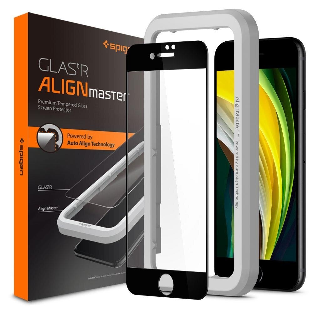 Folie ecran Spigen AlignMaster Glas.tR Full Cover, pentru iPhone SE 2 / iPhone SE 3 / iPhone 7 / iPhone 8, 9H, Case Friendly, Negru