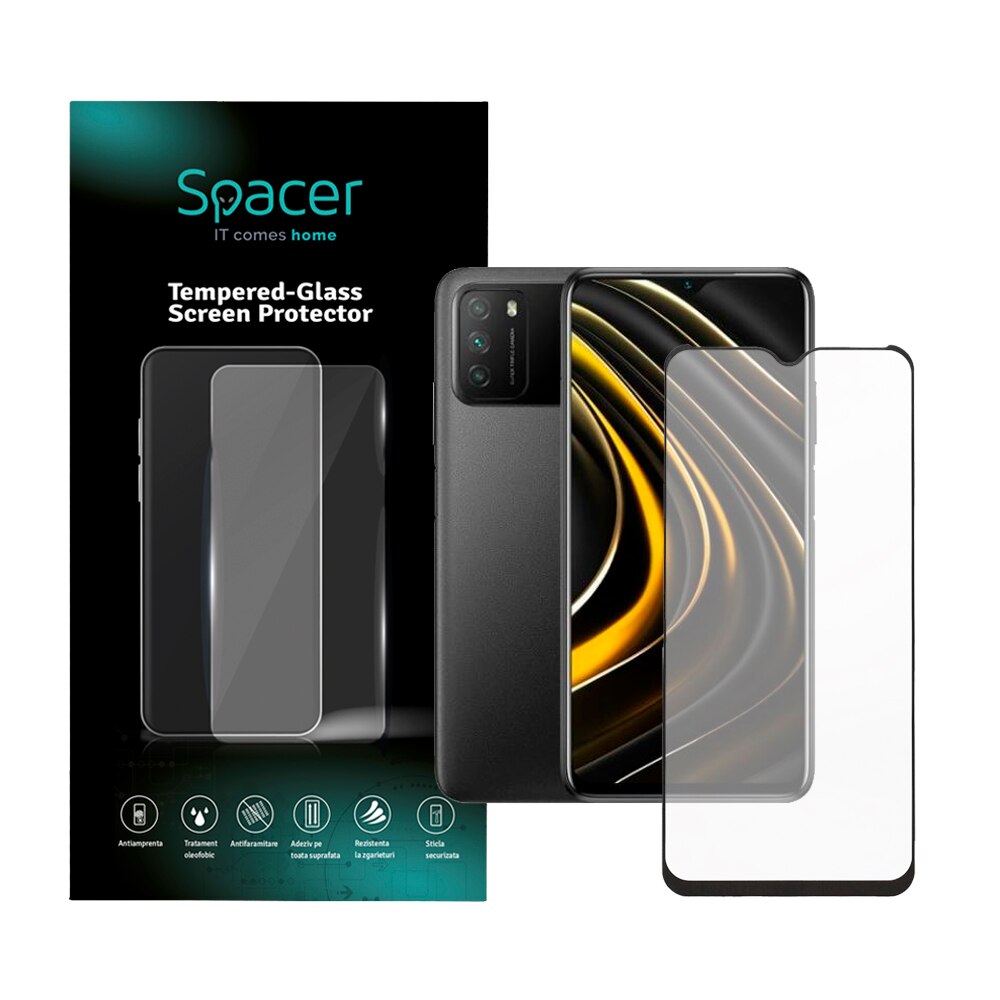 Folie de protectie Spacer pentru Xiaomi Pocophone M3, sticla 9D, duritate 9H, Tempered Glass