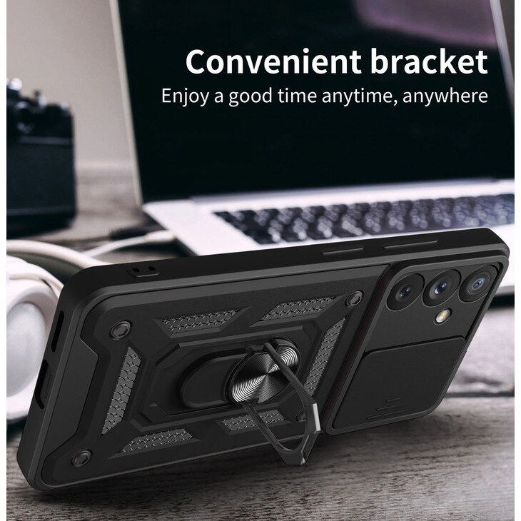 Husa telefon, pentru Samsung Galaxy S23 FE 5G, Capac de obiectiv al camerei glisante, inel rotativ 360°, Negru