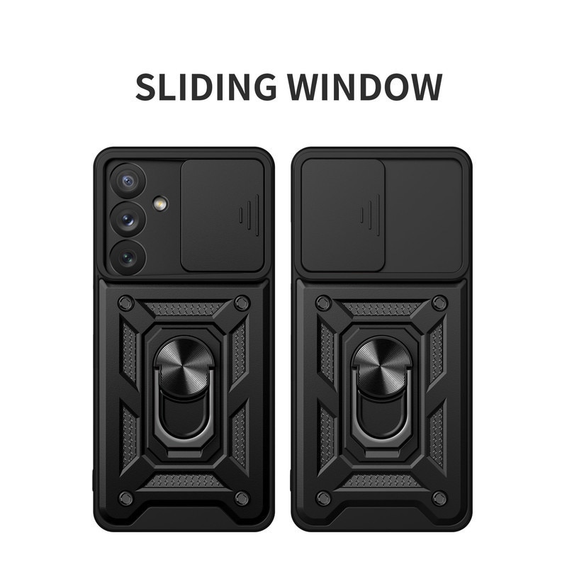 Husa telefon, pentru Samsung Galaxy S23 FE 5G, Capac de obiectiv al camerei glisante, inel rotativ 360°, Negru