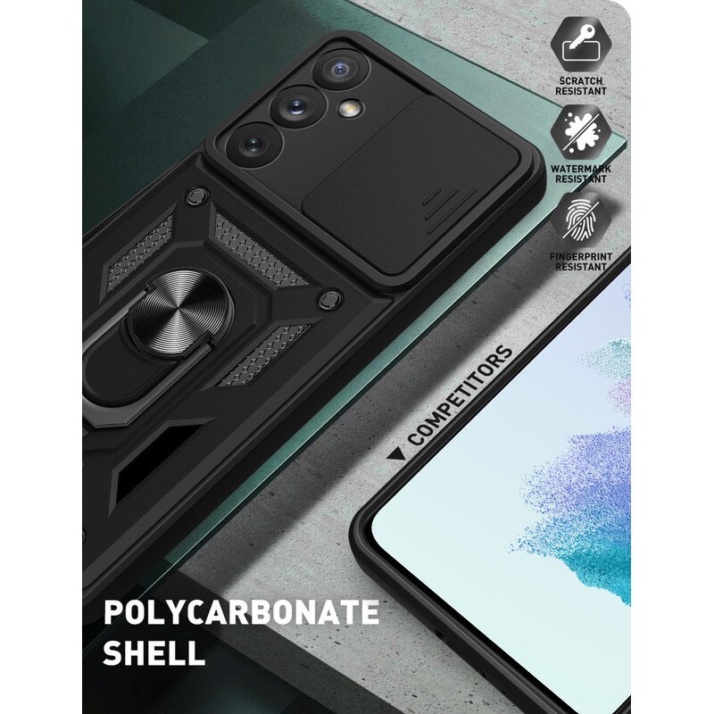 Husa telefon, pentru Samsung Galaxy S23 FE 5G, Capac de obiectiv al camerei glisante, inel rotativ 360°, Negru