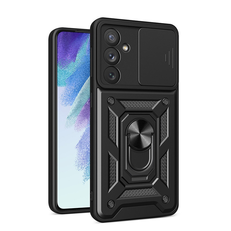 Husa telefon, pentru Samsung Galaxy S23 FE 5G, Capac de obiectiv al camerei glisante, inel rotativ 360°, Negru